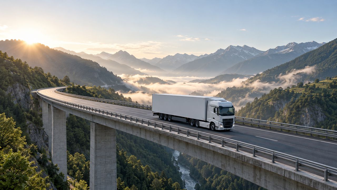 Camión de carga en autovía europea con remolque cargado